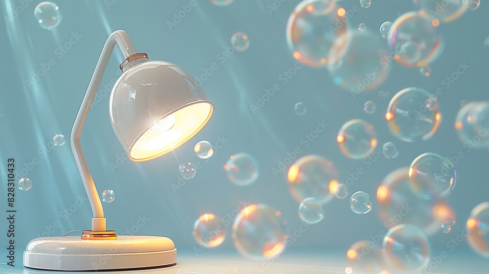 Aufkleber Bubbles of varying sizes float in the air, a dreamy feeling, and a small desk lamp emits a faint light on a horizontal surface, a light blue solid color background. Generative AI.