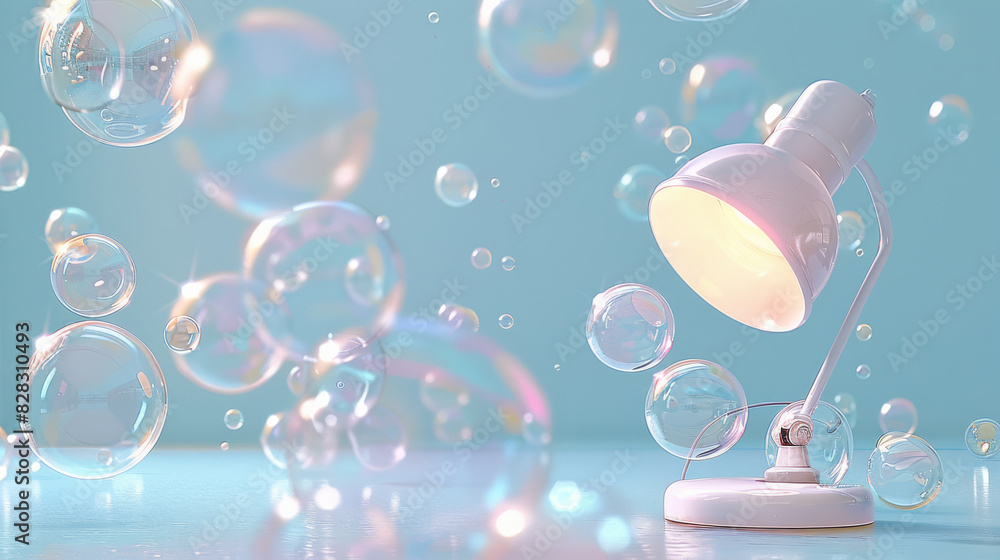 Aufkleber bubbles of varying sizes float in the air, a dreamy feeling, and a small desk lamp emits a faint lig