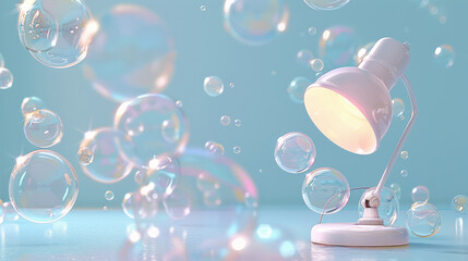 Bubbles of varying sizes float in the air, a dreamy feeling, and a small desk lamp emits a faint light on a horizontal surface, a light blue solid color background. Generative AI. - Powered by Adobe