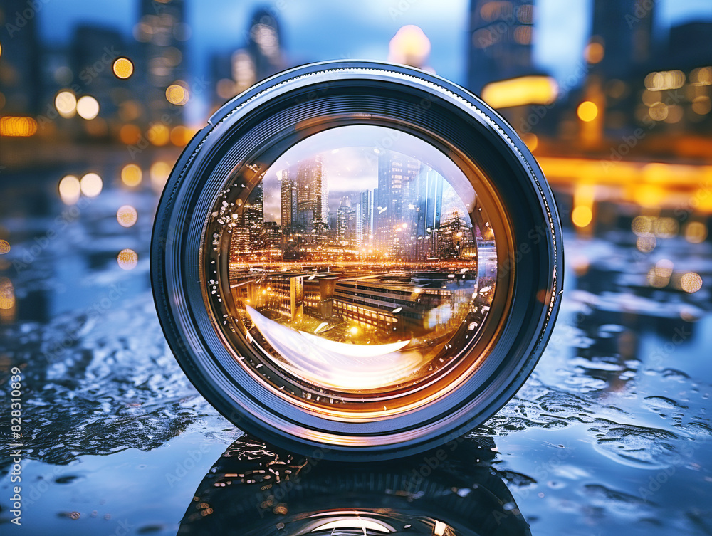 Poster a camera lens capturing a cityscape at twilight, reflecting on a wet surface, concept of photography