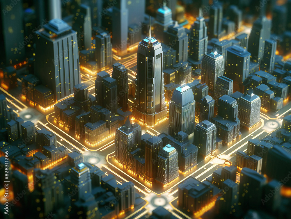 Poster a futuristic city with illuminated buildings on a blurry background, illustrating a technology conce