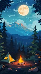 illustration of night scene of Camp site with camp tent and camp fire in the pine forest, there is a huge mountain at background.