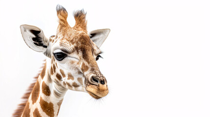 Obraz premium Curious giraffe on white background. Close-up portrait of a young giraffe isolated on a white background, with a curious and inquisitive expression.