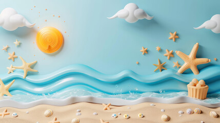 A beach scene with a sun in the sky and a wave in the water