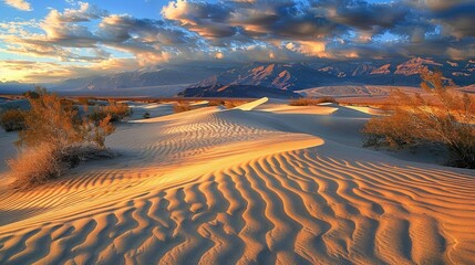 Desert dunes at sunset, dramatic shadows casting intriguing patterns