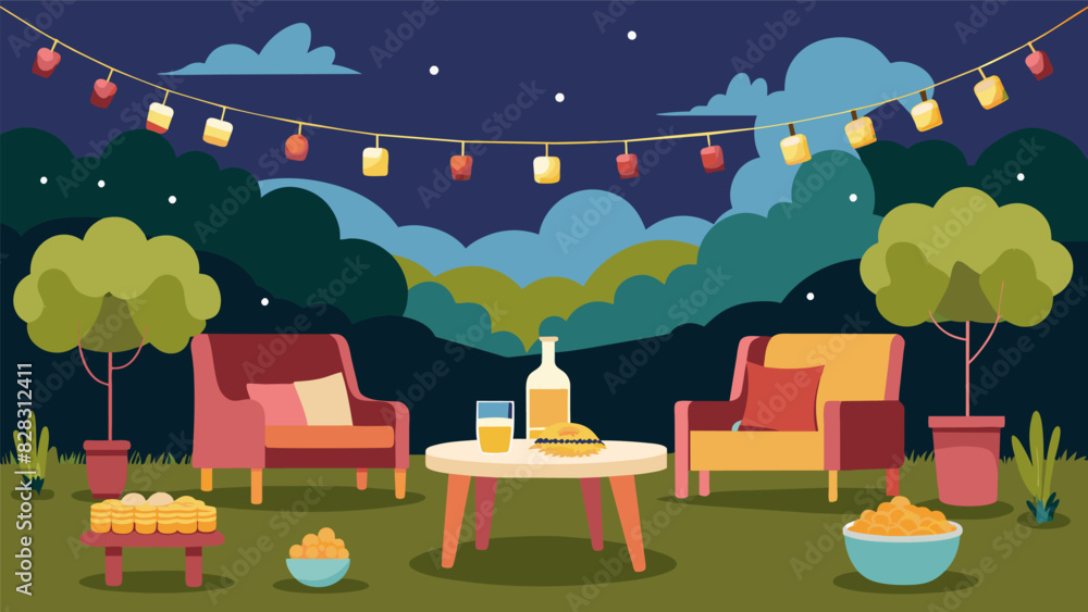 Poster with mismatched furniture and ling string lights a backyard transforms into the perfect setting for 