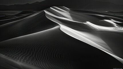 Desert dunes at sunset, dramatic shadows casting intriguing patterns