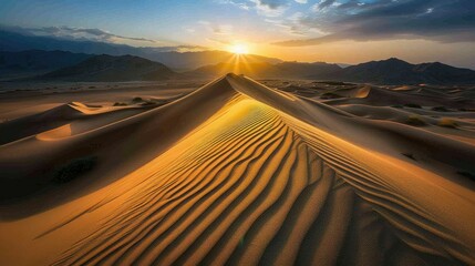 Desert dunes at sunset, dramatic shadows casting intriguing patterns