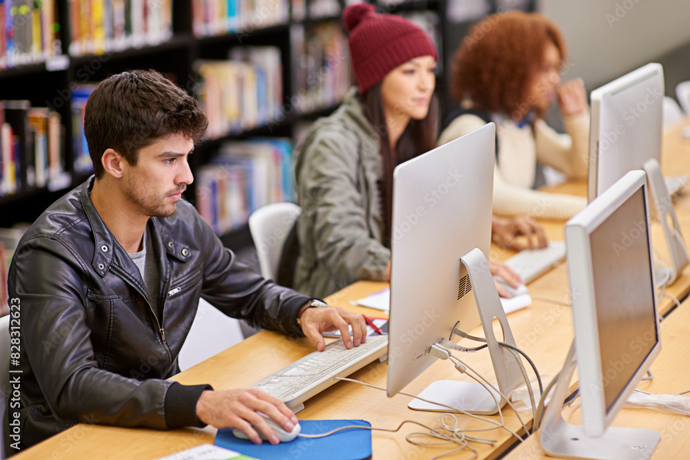 Aufkleber University, knowledge and students research for project, test or assignment in library on campus. Scholarship, education and friends learning in college computer class with technology and information
