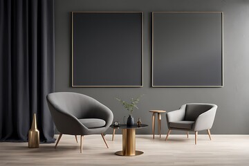 Living room in dark gray and beige, Minimalist style with empty black microcement wall, beige taupe ivory accent chair, golden lamp, modern reception lounge, 3D render