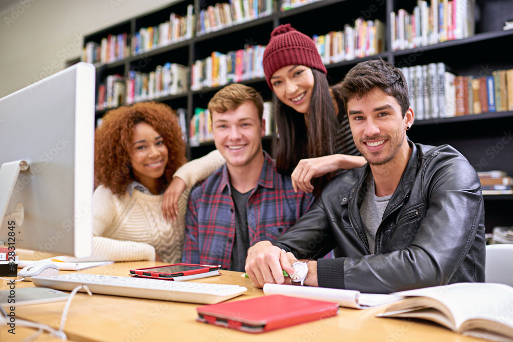 Aufkleber diversity, friends and portrait with computer in library for education, learning or discussion on pr