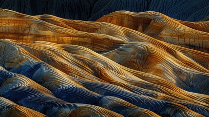 Desert dunes at sunset, dramatic shadows casting intriguing patterns