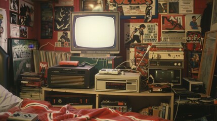 Nostalgic 1990s Teenager's Bedroom Filled with Retro Gadgets and Pop Culture | Authentic Vintage Vibe of Youth Culture
