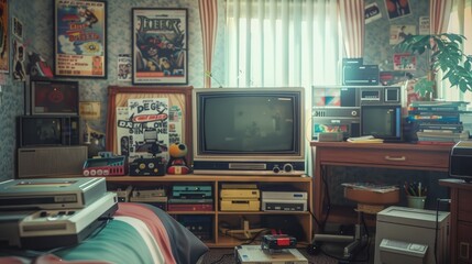 Nostalgic 1990s Teen Bedroom Filled with Retro Gadgets and Youth Culture Memorabilia
