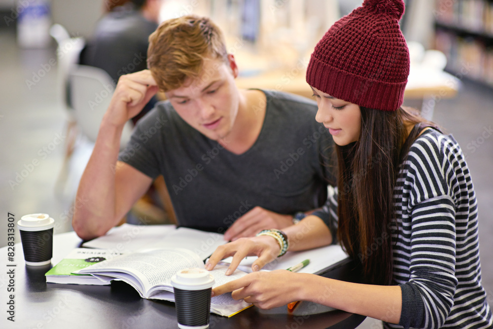 Aufkleber university, learning and students research for project, test or assignment in library on campus. sch
