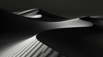 Desert dunes at sunset, dramatic shadows casting intriguing patterns