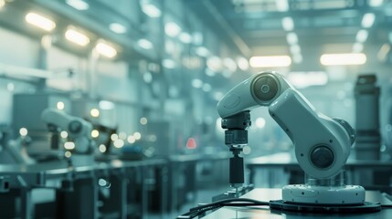 Fototapeta premium A collaborative robot in a hightech factory with a dreamy, imaginative backdrop and ample copy space to evoke a sense of wonder