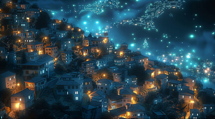 Wide angle view of a magical city that is built on top of a hill, white houses illuminated with blue magic, nighttime. Generative AI.