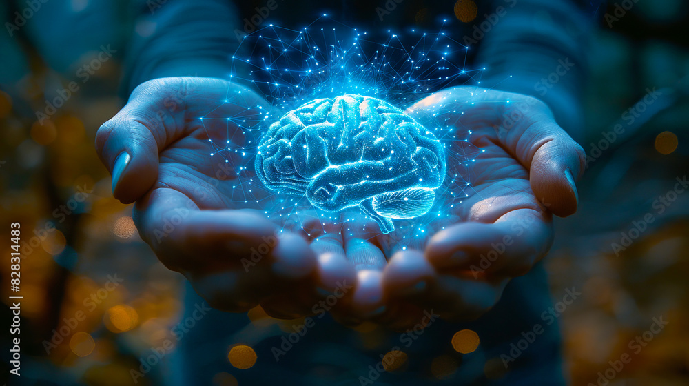Aufkleber an image showcasing hands cradling a glowing brain made of light, set against a bokeh background, il