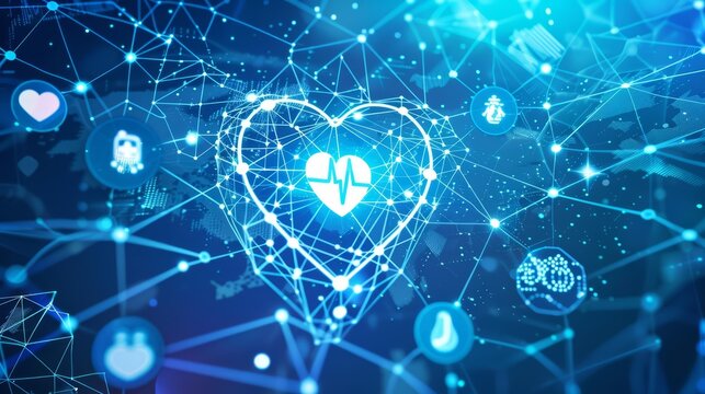 A digital heart connected to various healthcare icons and networks on a blue background Closeup