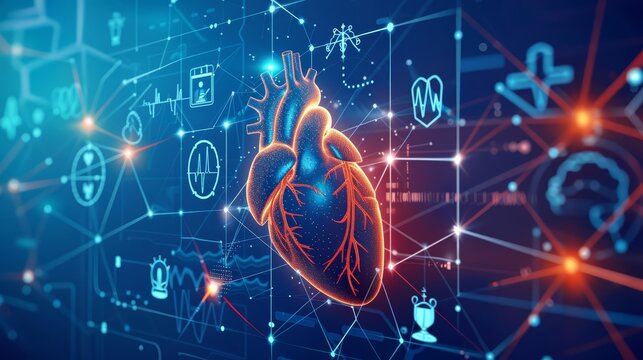 A digital heart connected to various healthcare icons and networks on a blue background Closeup