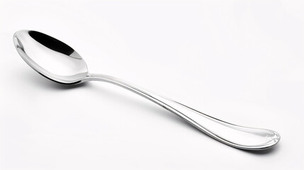 Shiny silver spoon isolated on white. Stock photo of a shiny silver spoon on a white background, ideal for food, dining, and kitchenware projects.