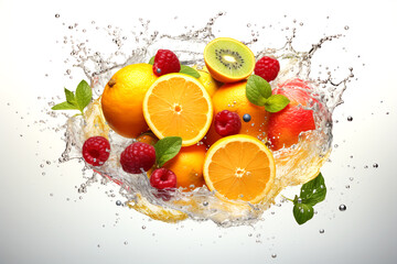 Fresh fruits splashing in water: orange, apple, lemon, strawberry, and kiwi