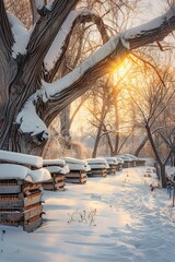 "Winter Sunrise Scene: Snow-Covered Trees, Glowing Sunlight, and Rustic Cabin with Chimneys"