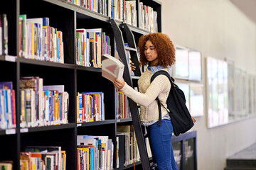 Student, books and education on shelf at library for project research, reading or studying academic knowledge goal. Woman, university ladder and literature story with information for learning growth