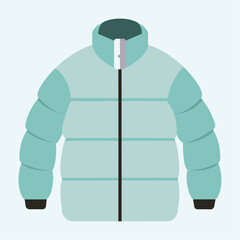 Blue puffer jacket with black cuffs, zipper on white background