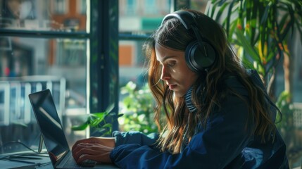 The woman with headphones working