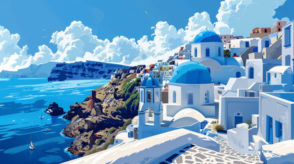 panorama of the Greek santorini village bathed in summer sun