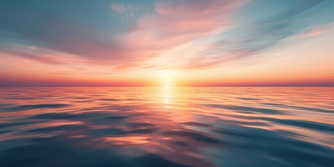 Obraz premium a hopeful peaceful sunrise above a calm ocean surface, soft colors, gradually getting darker to the top
