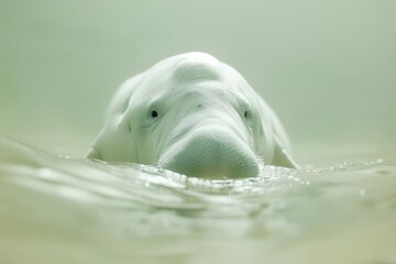 Fototapeta premium A playful dugong explores the shallow waters, its curiosity evident, close up, with a blurry background