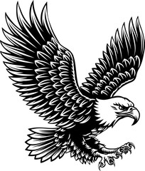 A bald eagle mascot bird with wings spread flying illustration in a vintage woodcut style
