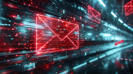 A red envelope icon emerging from a metallic, futuristic digital background Closeup