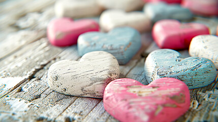 Obraz premium Multiple colored wooden hearts on rustic background, symbolizing love and affection. Generative AI