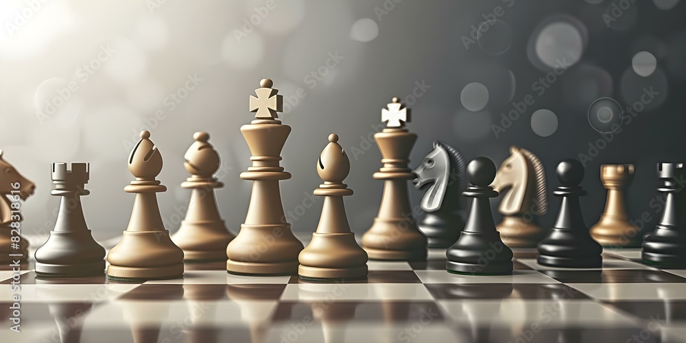Poster chessboard with business strategy elements and copy space for text. concept chessboard, business str