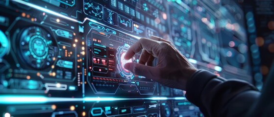 Fototapeta premium A technician is calibrating monitoring equipment, with a closeup of the digital interfaces and sensors, augmented by a hitech HUD hologram for a detailed, futuristic look