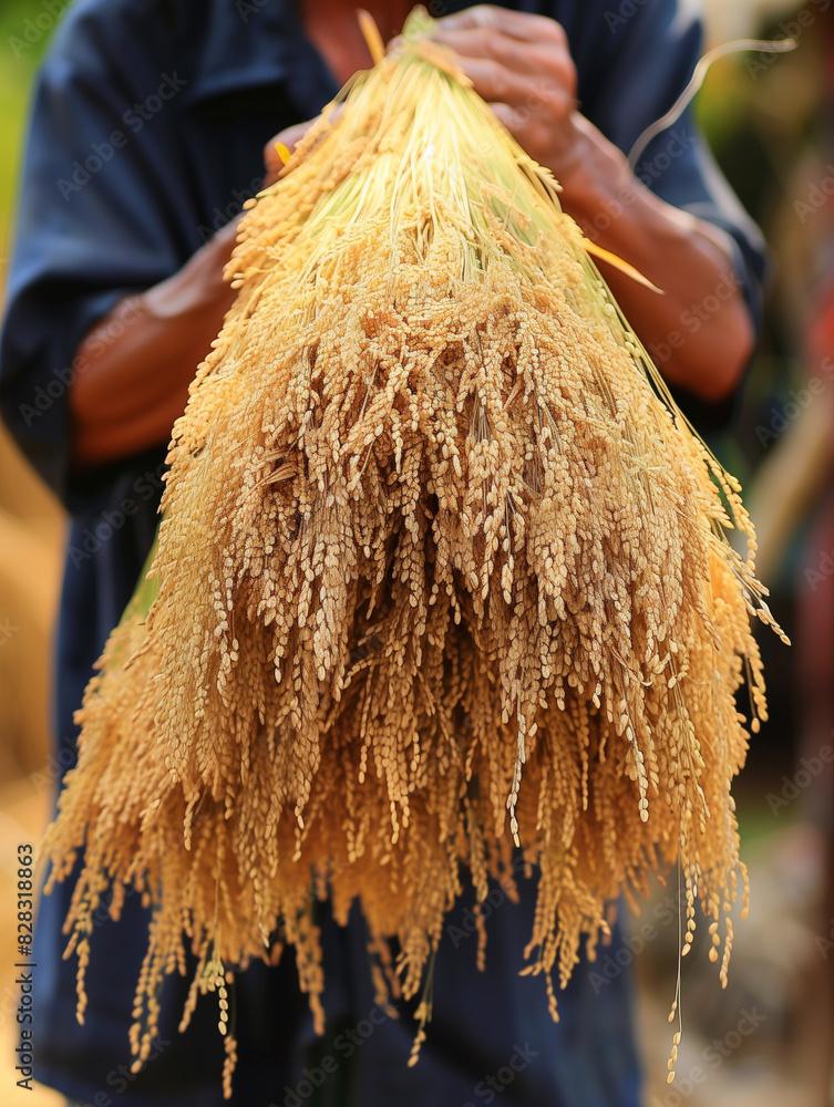 Poster arafed man holding a bundle of dry grass in his hands