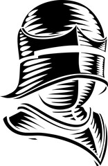 A knight helmet armor helm in a vintage woodcut etching style
