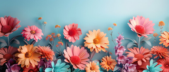 Bright pink and yellow wildflowers bloom on a lush green background