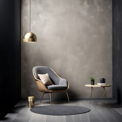 Living room in dark gray and beige, Minimalist style with empty black microcement wall, beige taupe ivory accent chair, golden lamp, modern reception lounge, 3D render