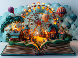An open book with a carnival scene including a ferris wheel and hot air balloons popping out of its pages.