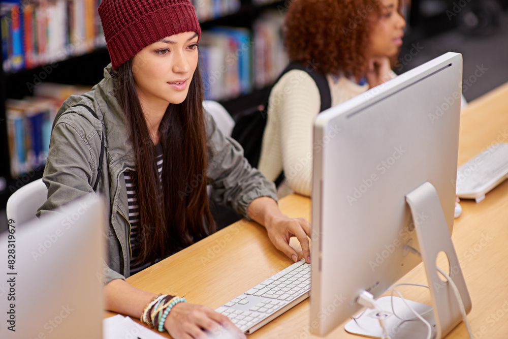Leinwandbilder woman, student and computer for online course, study together and research with friend at college. f