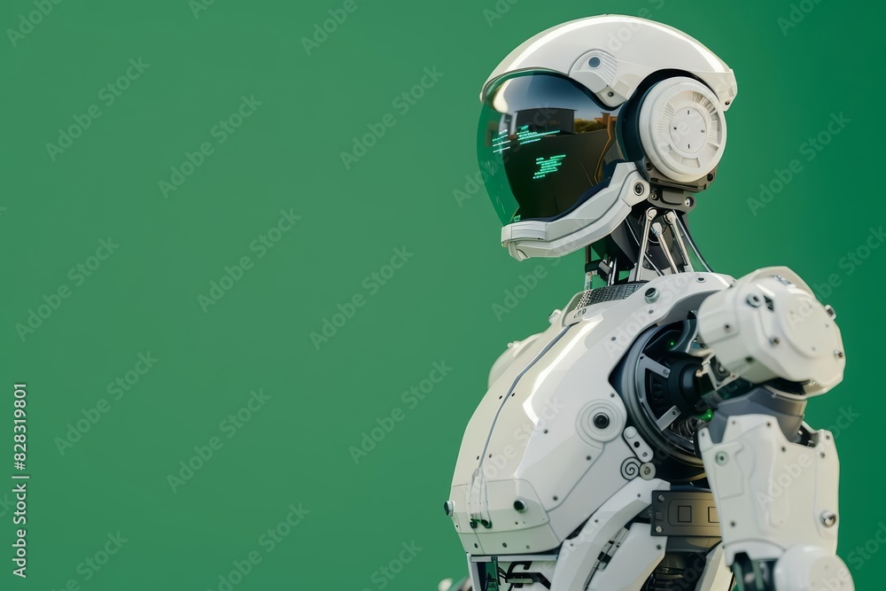Poster an educational robot placed against a solid green backdrop with ample copy space