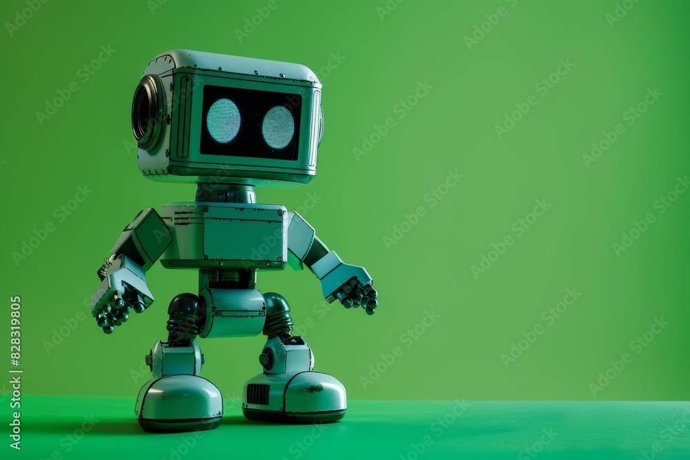 Poster an educational robot placed against a solid green backdrop with ample copy space