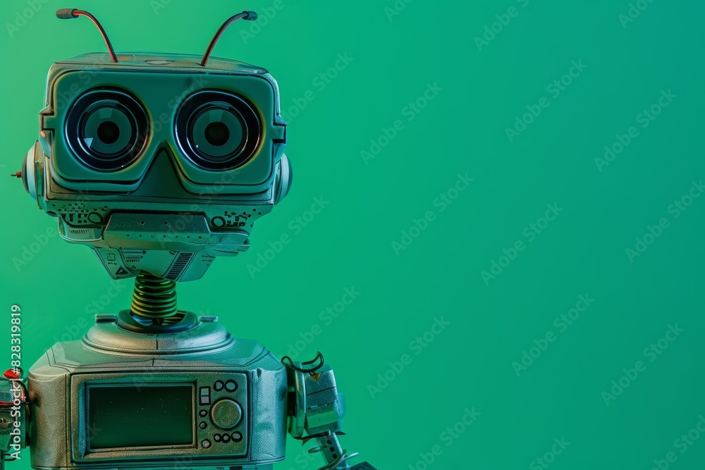 Poster an educational robot placed against a solid green backdrop with ample copy space