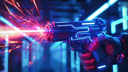 A neon laser toy for children creates bright lights and dynamic sparks simulating energetic sci fi battles in a dark environment inspiring creative play