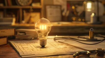 An illuminated light bulb on a wooden table, surrounded by books, blueprints, and tangled wires Closeup